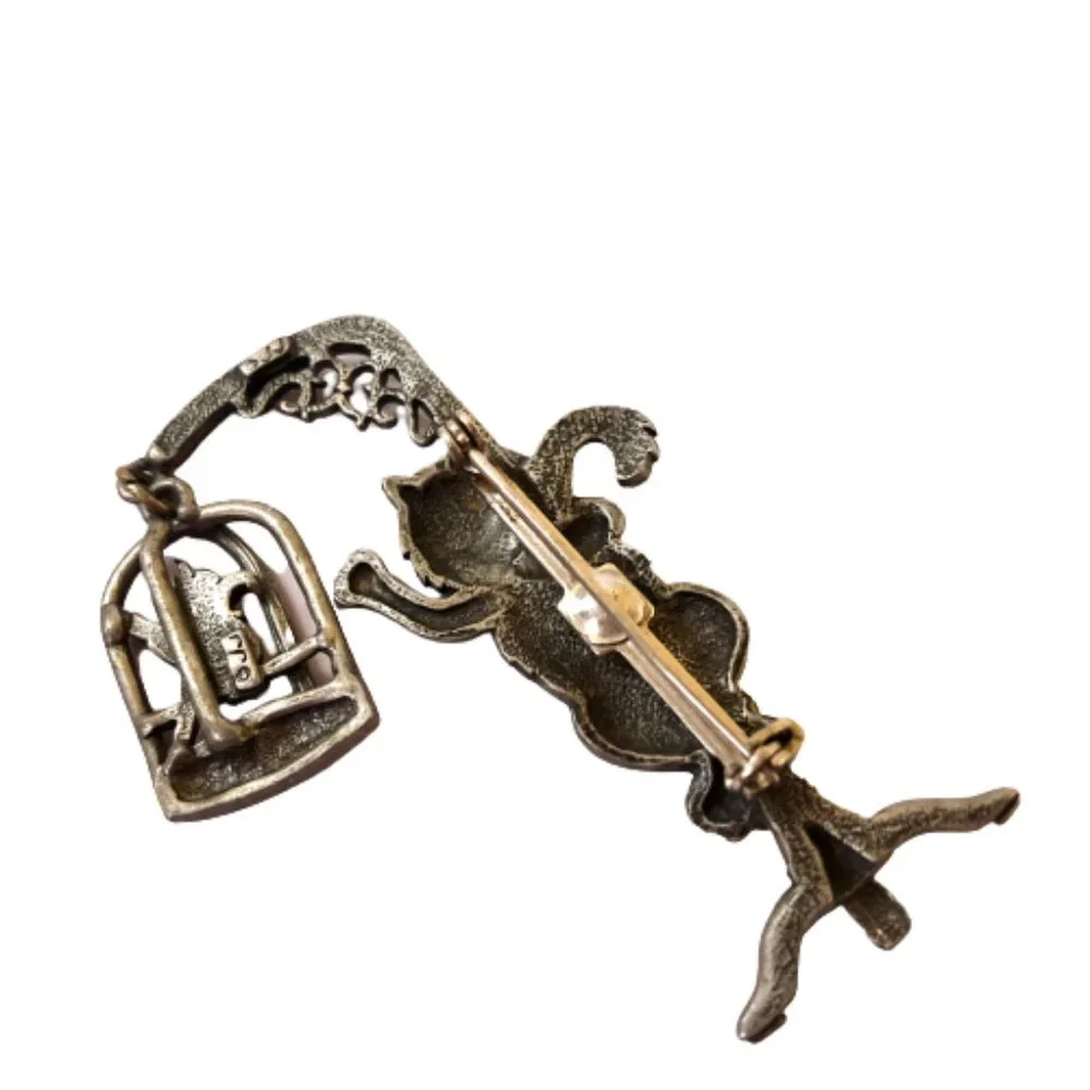 JJ Vintage Brooches Howling Coyote + Cat & Bird Cage + Silvertone 3 pins